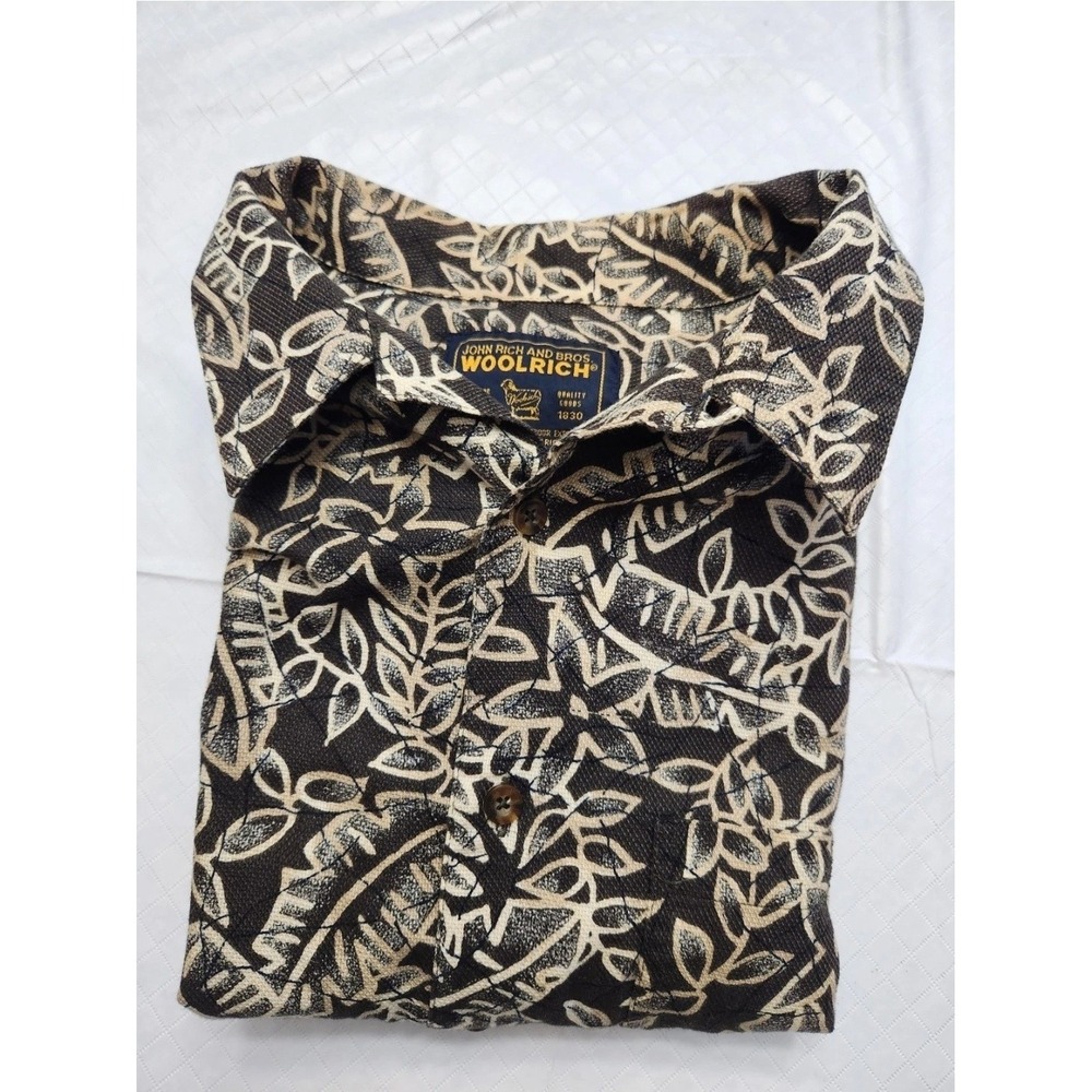 Woolrich Shirt Mens XL Black Beige Camp Leaf Print Button Up Short Sleeve Pocket